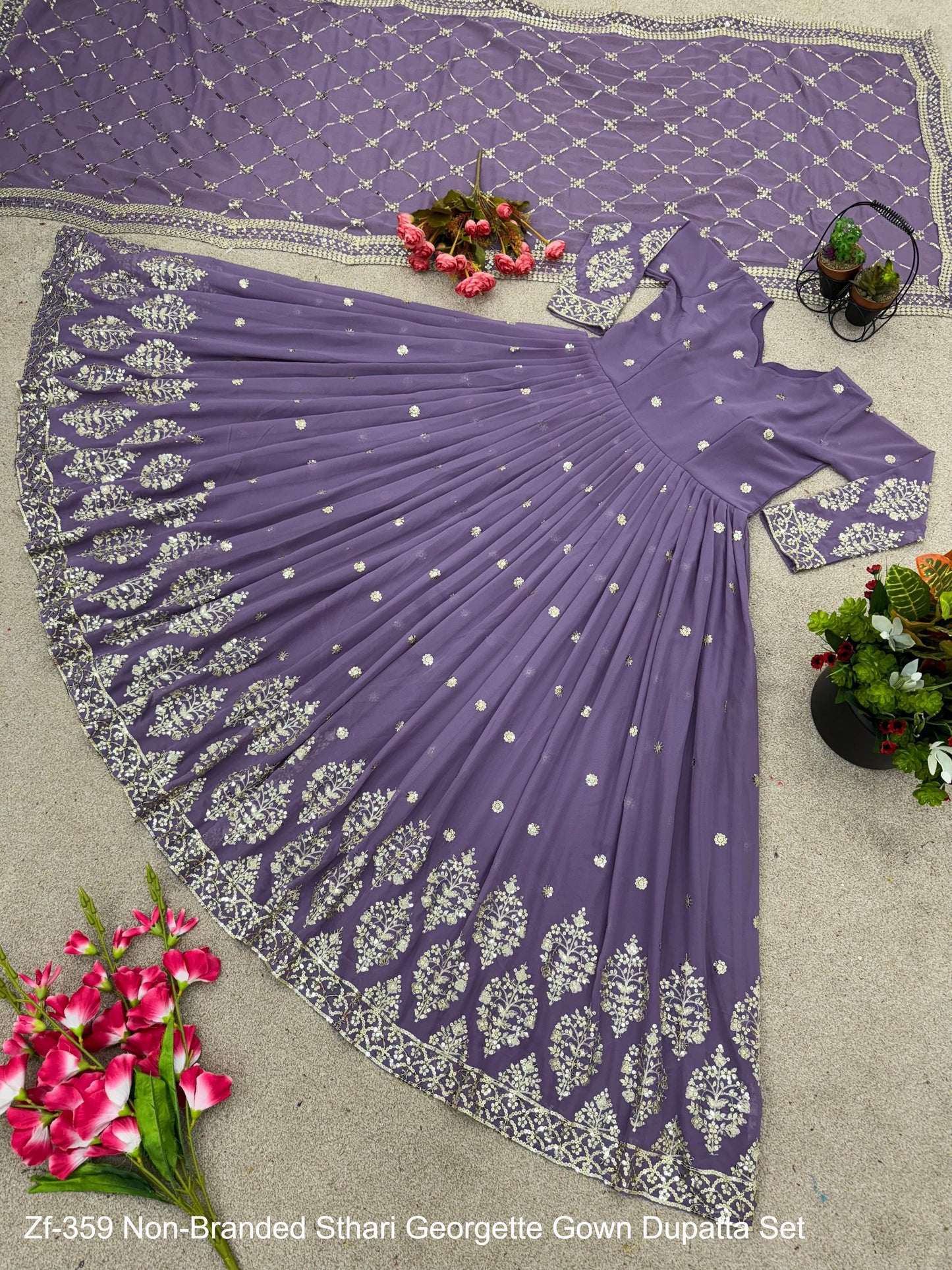 Zf-359 Non-Branded Sthari Georgette Gown Dupatta Set