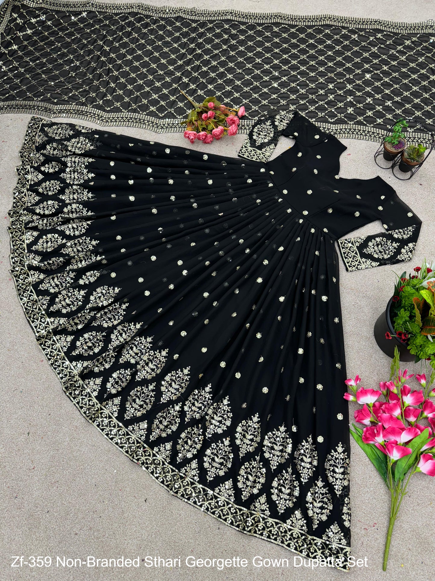Zf-359 Non-Branded Sthari Georgette Gown Dupatta Set