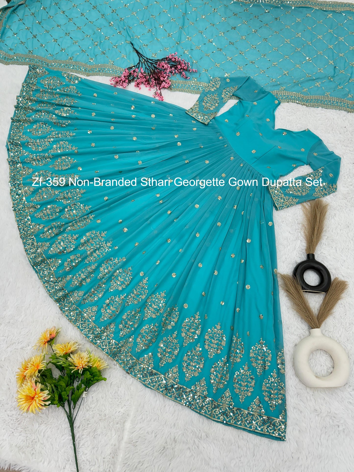 Zf-359 Non-Branded Sthari Georgette Gown Dupatta Set