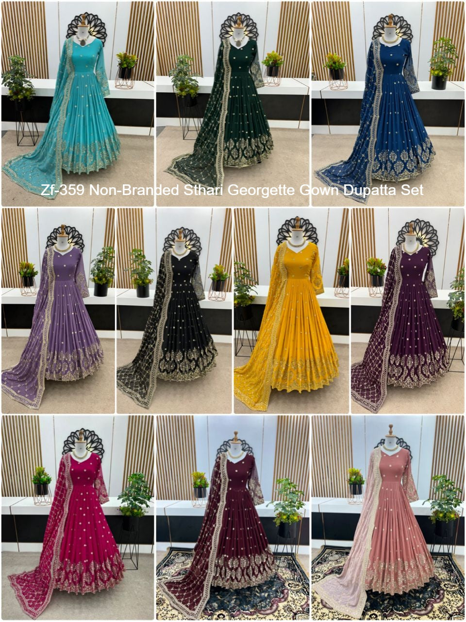 Zf-359 Non-Branded Sthari Georgette Gown Dupatta Set