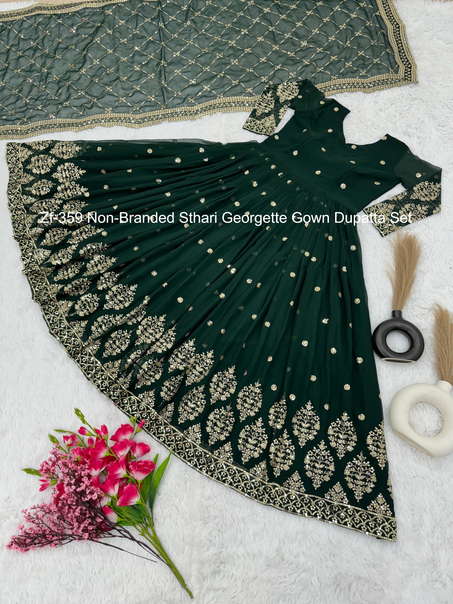 Zf-359 Non-Branded Sthari Georgette Gown Dupatta Set