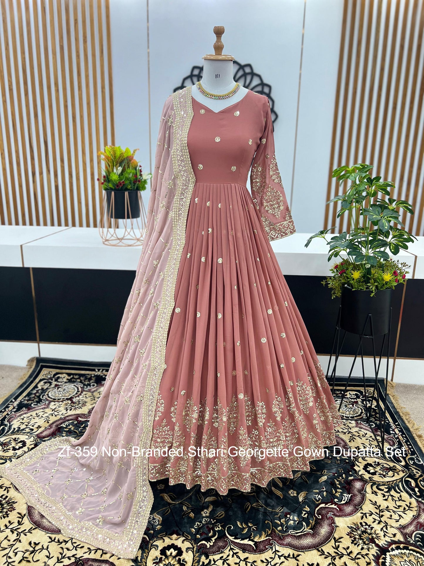 Zf-359 Non-Branded Sthari Georgette Gown Dupatta Set