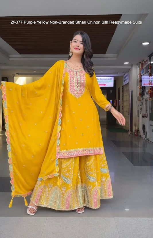 Zf-377 Purple Yellow Non-Branded Sthari Chinon Silk Readymade Suits