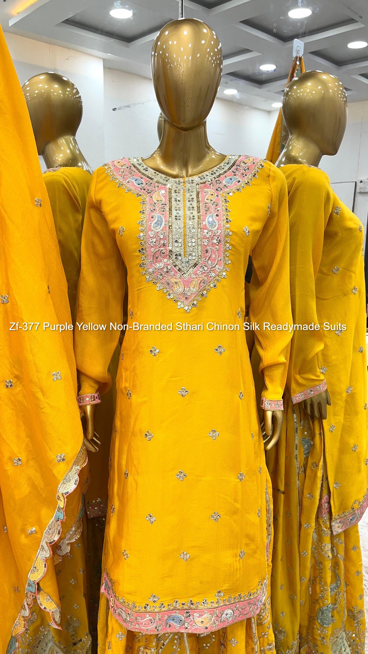 Zf-377 Purple Yellow Non-Branded Sthari Chinon Silk Readymade Suits