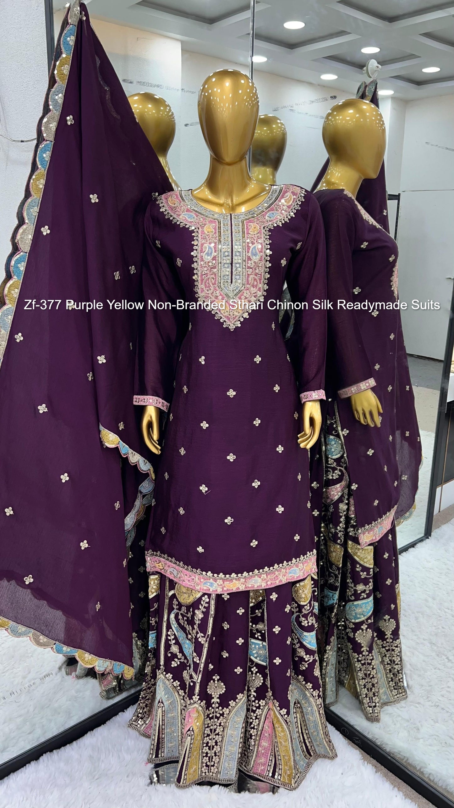 Zf-377 Purple Yellow Non-Branded Sthari Chinon Silk Readymade Suits