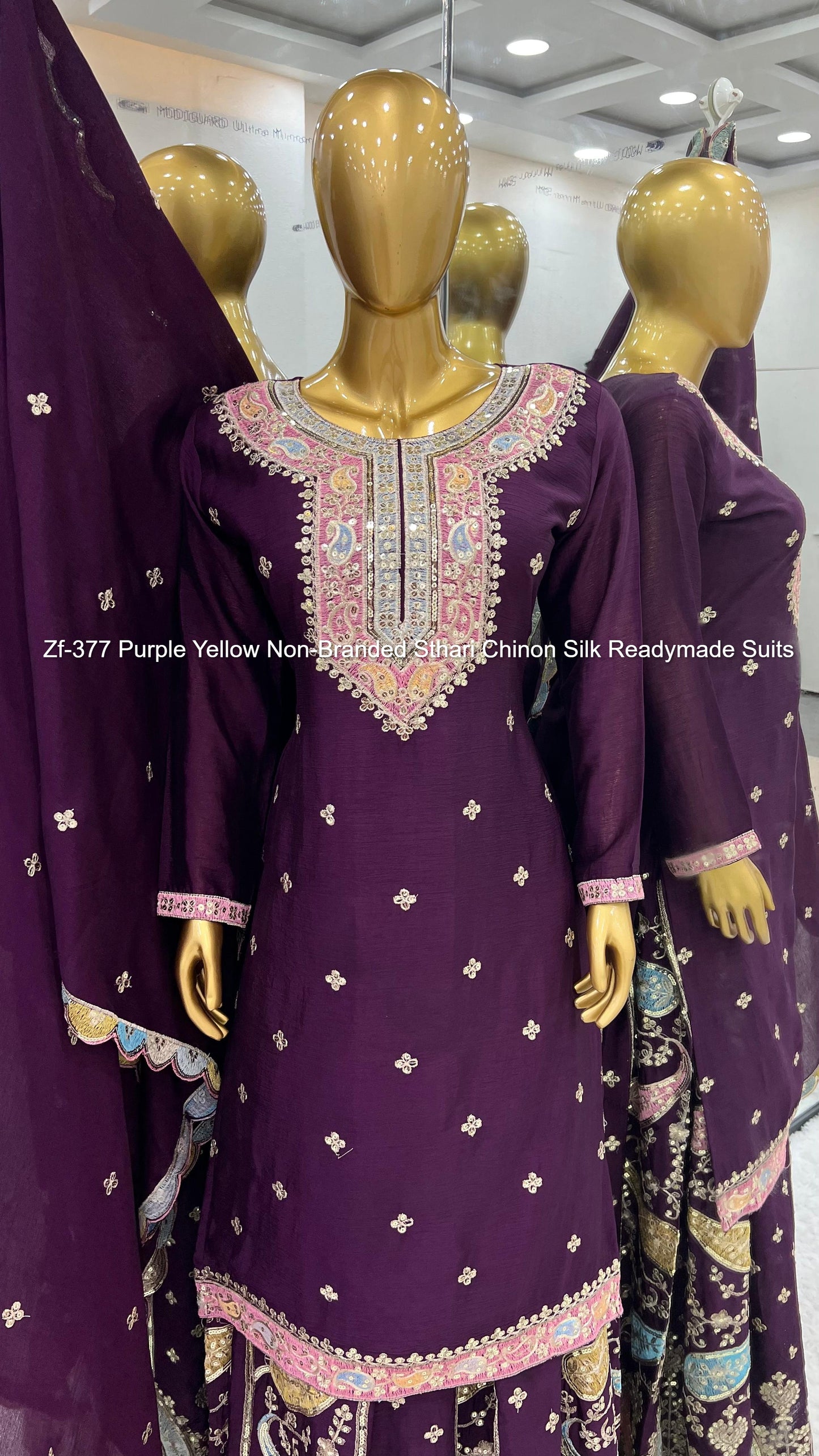Zf-377 Purple Yellow Non-Branded Sthari Chinon Silk Readymade Suits