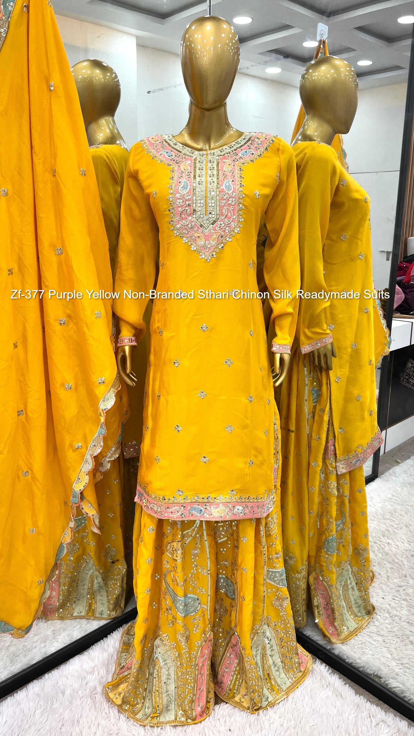 Zf-377 Purple Yellow Non-Branded Sthari Chinon Silk Readymade Suits