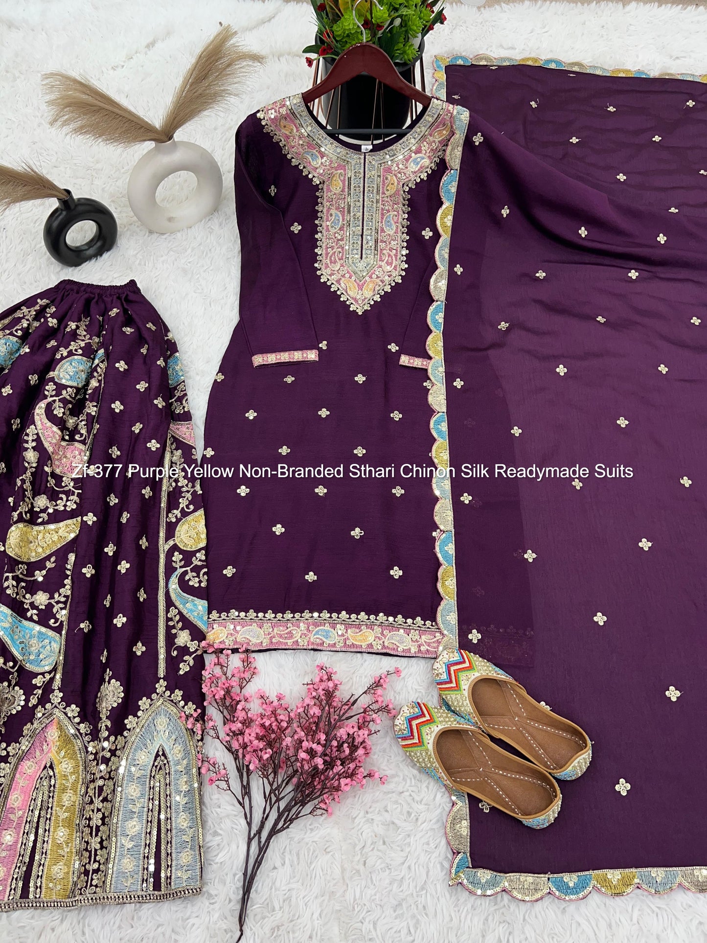 Zf-377 Purple Yellow Non-Branded Sthari Chinon Silk Readymade Suits