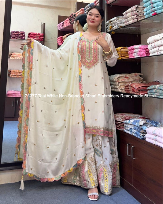 Zf-377 Teal White Non-Branded Sthari Embroidery Readymade Suits