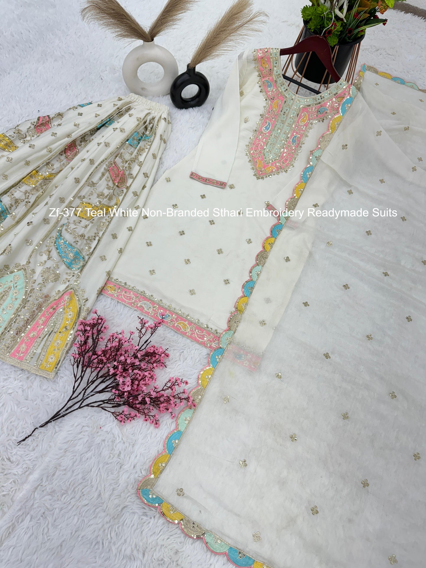 Zf-377 Teal White Non-Branded Sthari Embroidery Readymade Suits