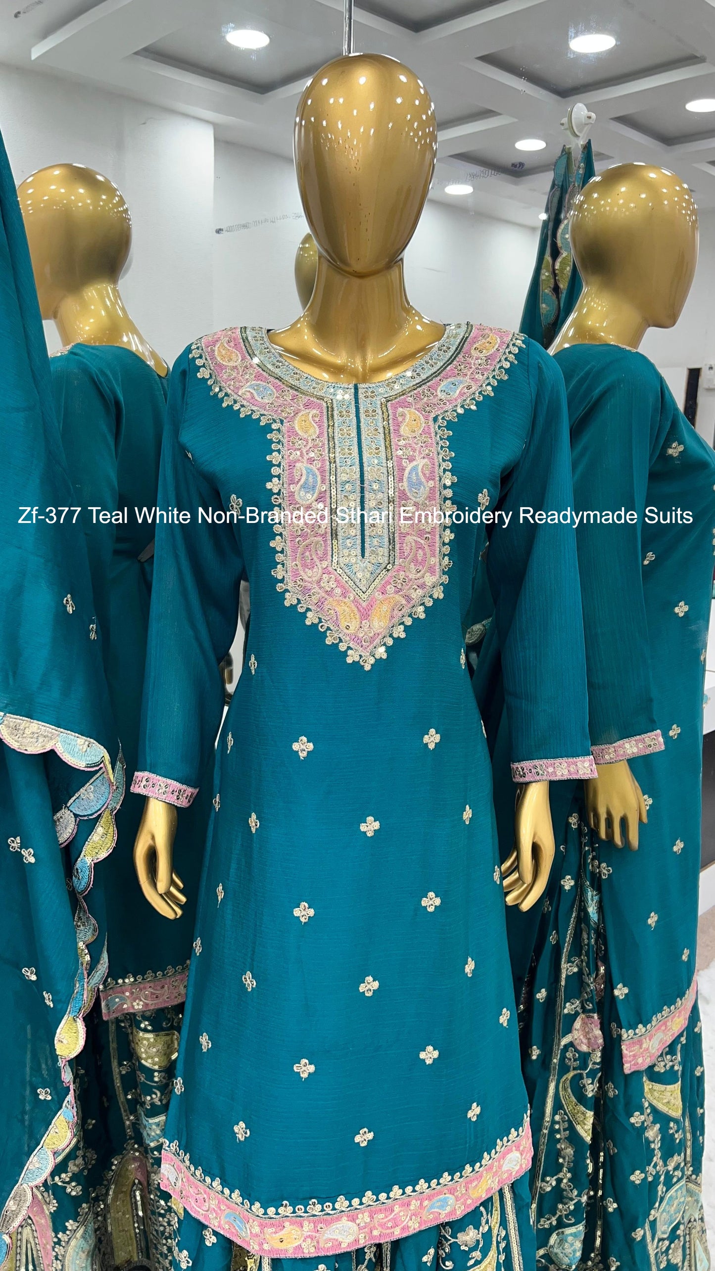 Zf-377 Teal White Non-Branded Sthari Embroidery Readymade Suits