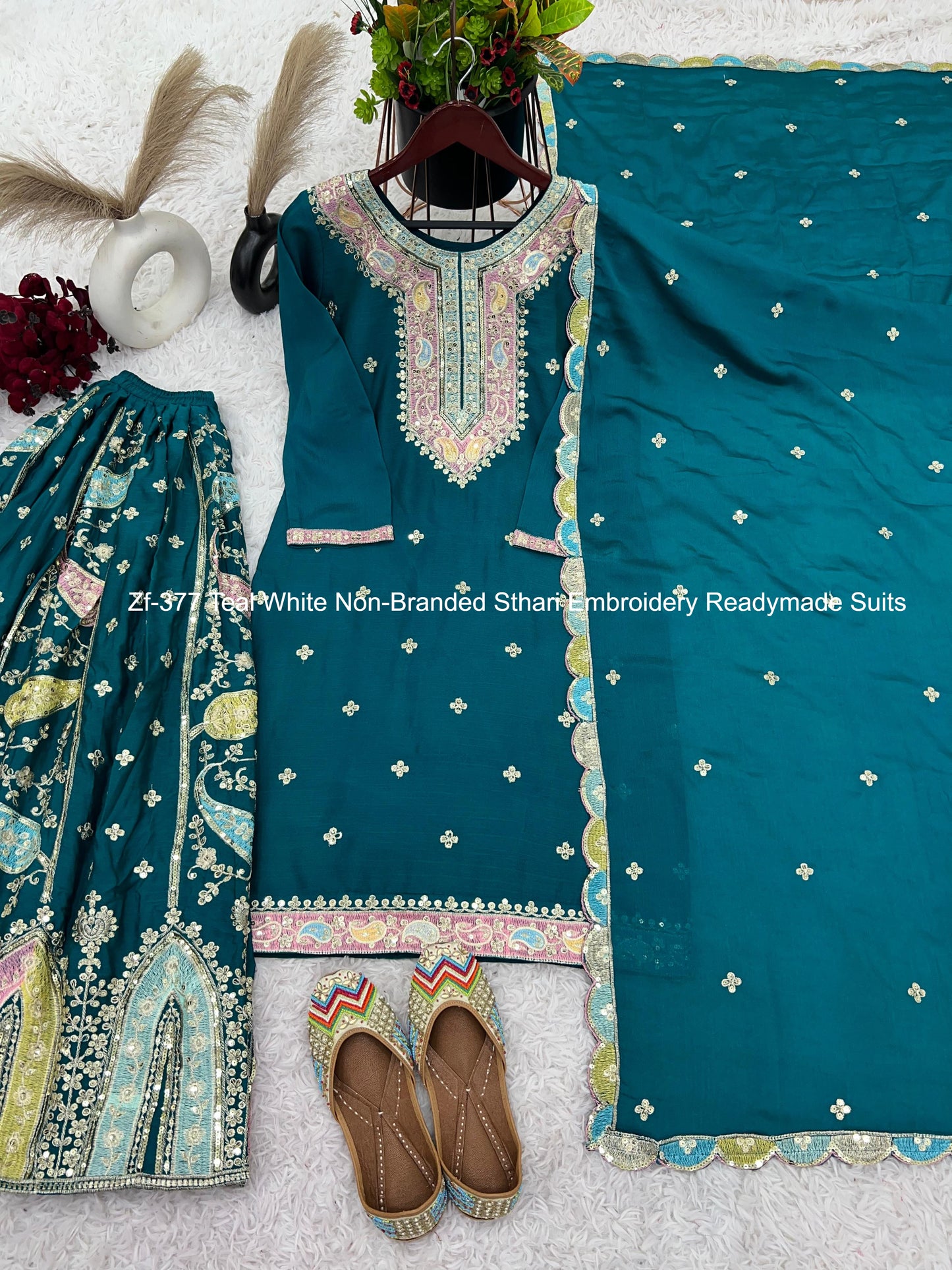 Zf-377 Teal White Non-Branded Sthari Embroidery Readymade Suits