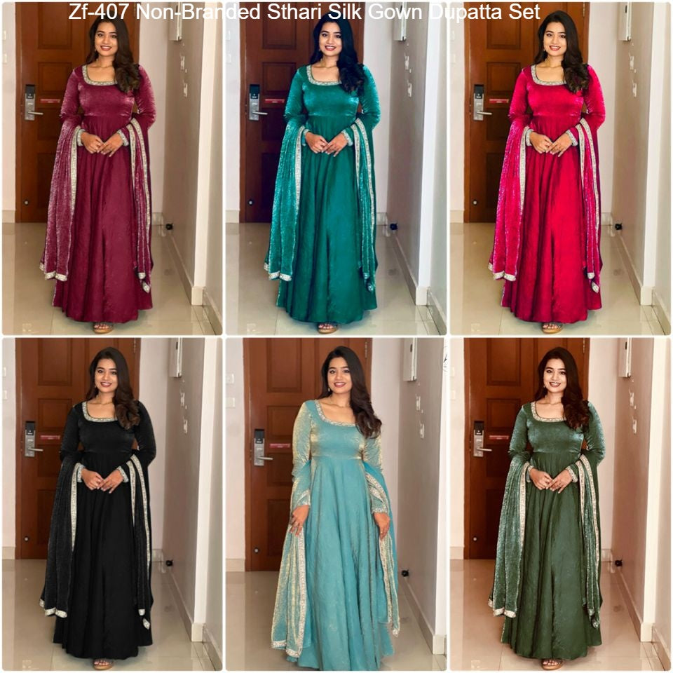 Zf-407 Non-Branded Sthari Silk Gown Dupatta Set