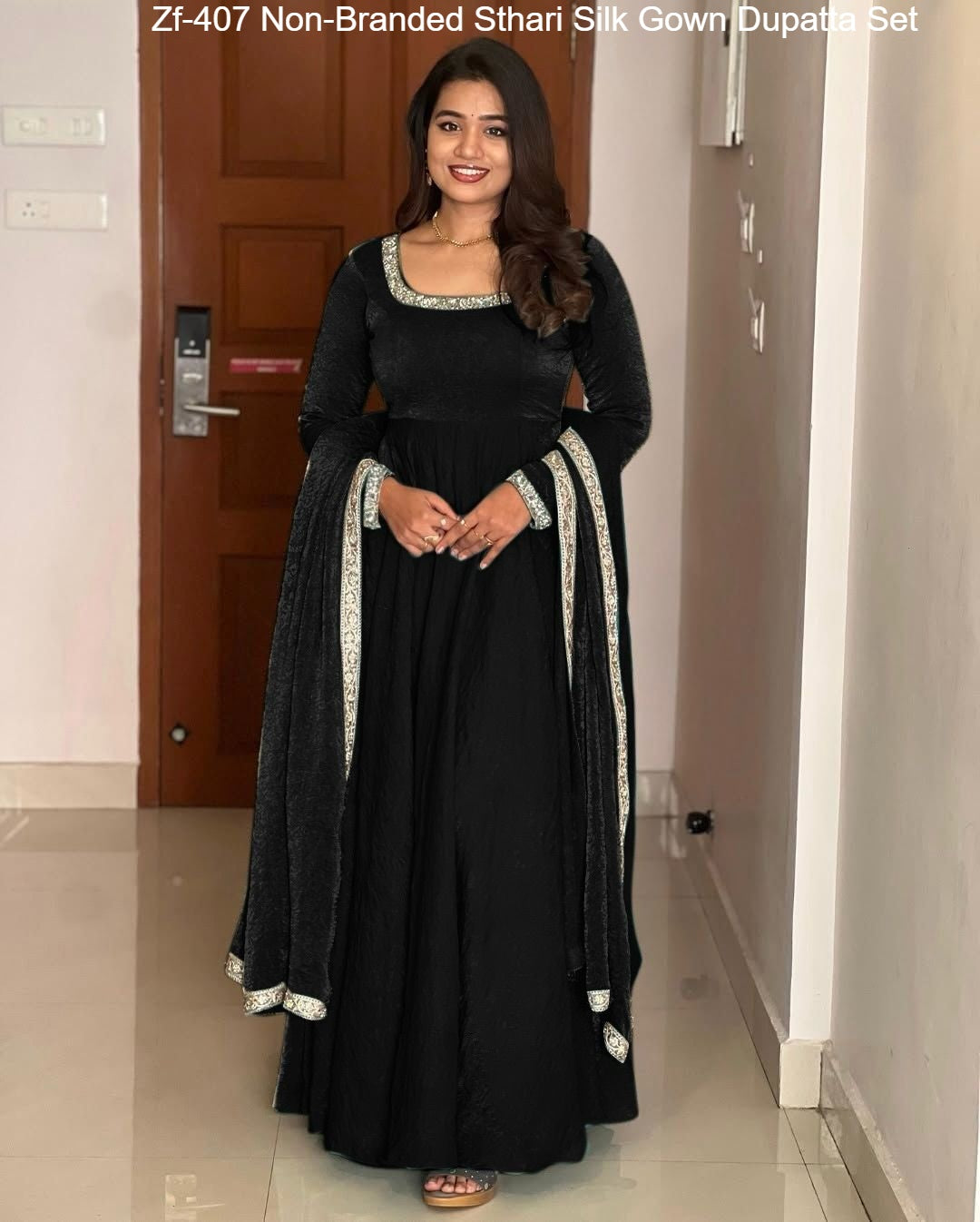 Zf-407 Non-Branded Sthari Silk Gown Dupatta Set
