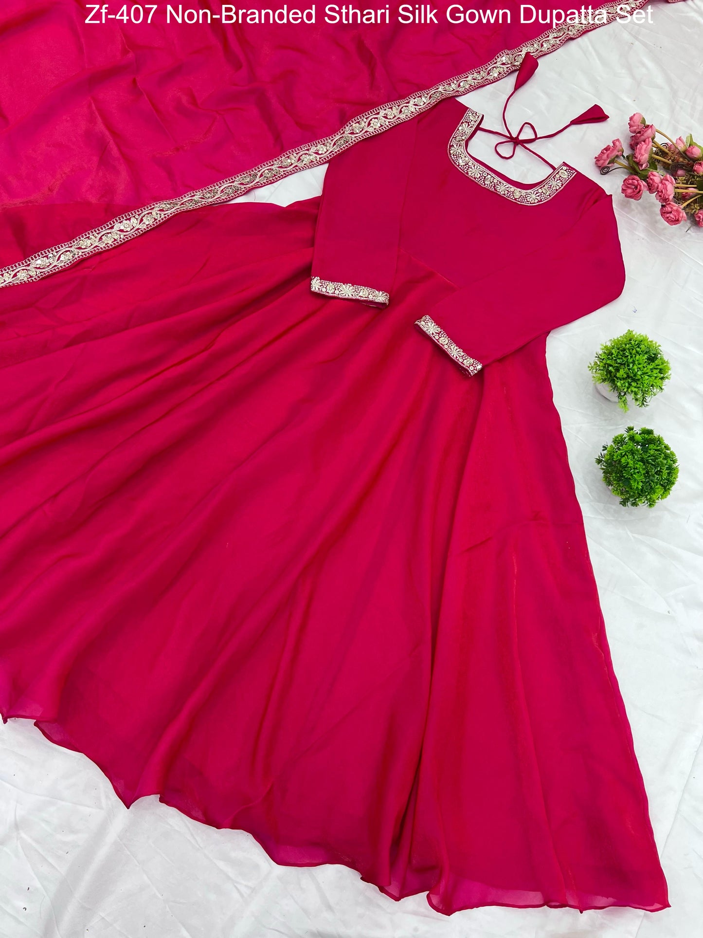 Zf-407 Non-Branded Sthari Silk Gown Dupatta Set