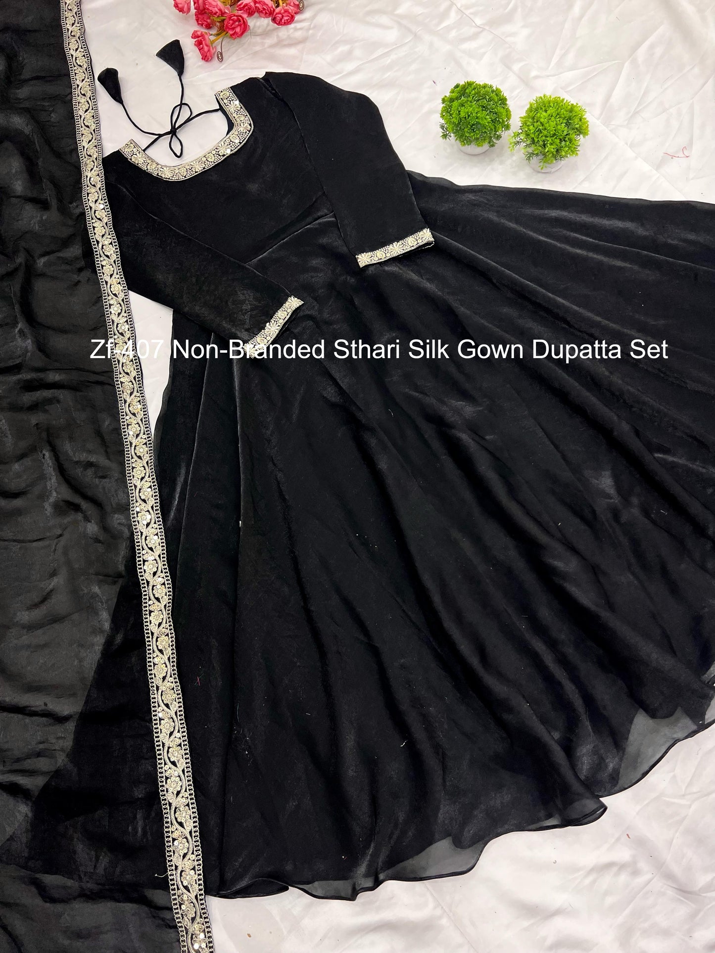 Zf-407 Non-Branded Sthari Silk Gown Dupatta Set