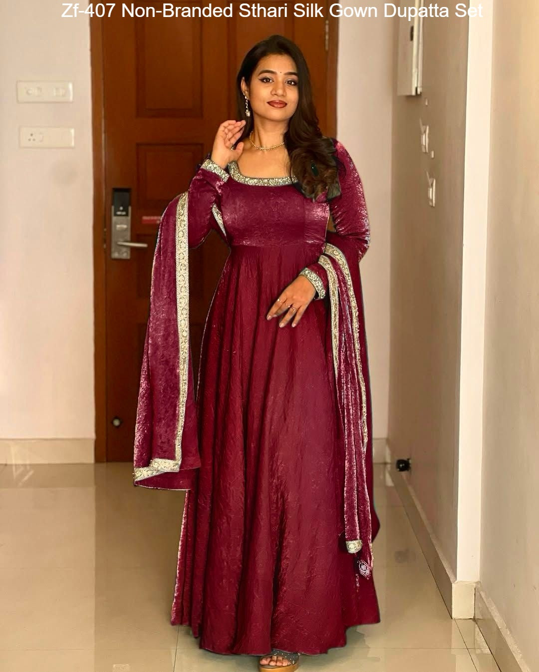 Zf-407 Non-Branded Sthari Silk Gown Dupatta Set