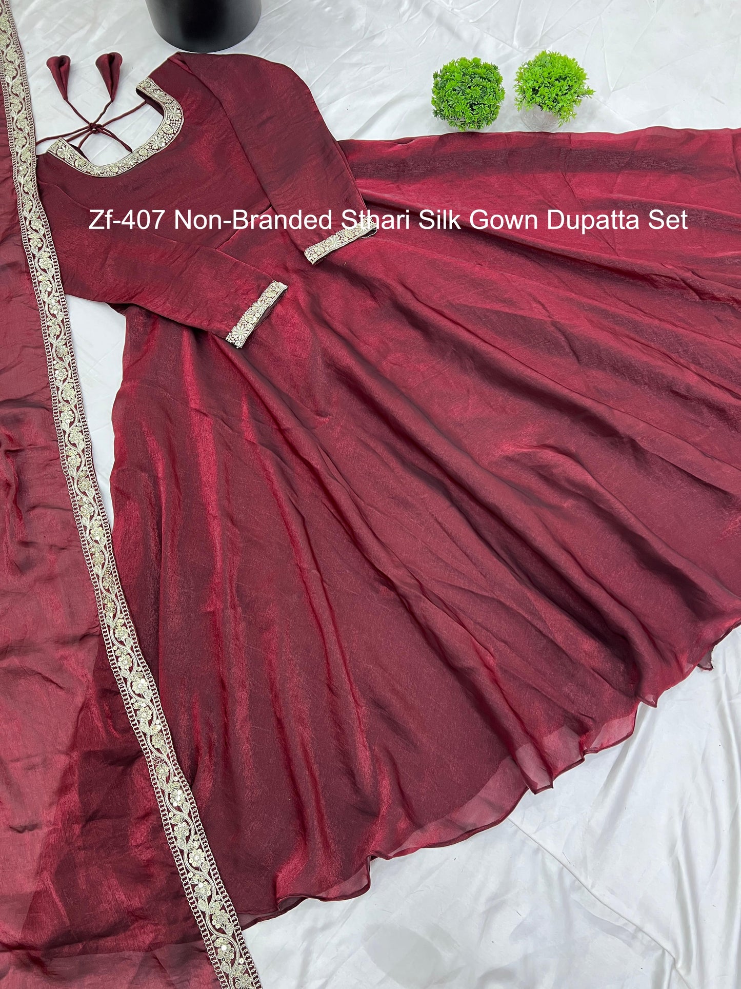 Zf-407 Non-Branded Sthari Silk Gown Dupatta Set