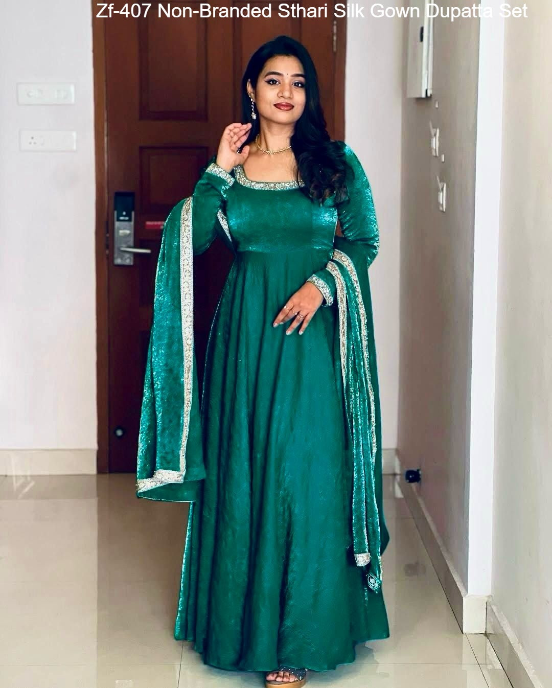 Zf-407 Non-Branded Sthari Silk Gown Dupatta Set
