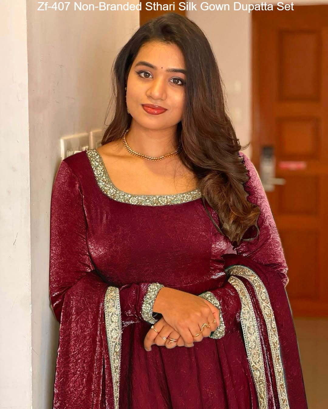 Zf-407 Non-Branded Sthari Silk Gown Dupatta Set