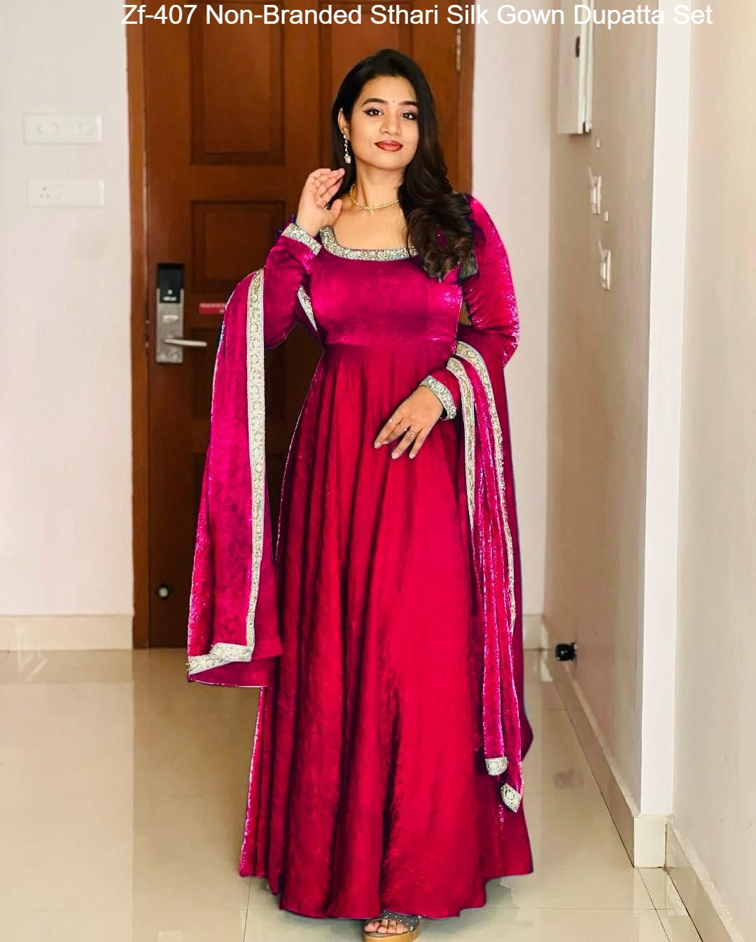 Zf-407 Non-Branded Sthari Silk Gown Dupatta Set