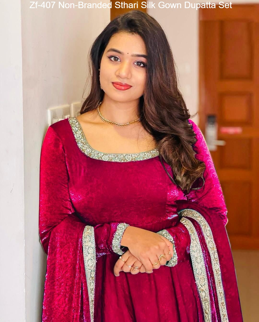 Zf-407 Non-Branded Sthari Silk Gown Dupatta Set