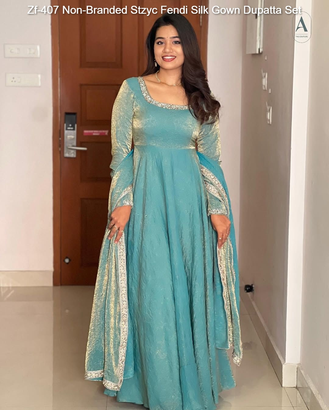 Zf-407 Non-Branded Stzyc Fendi Silk Gown Dupatta Set