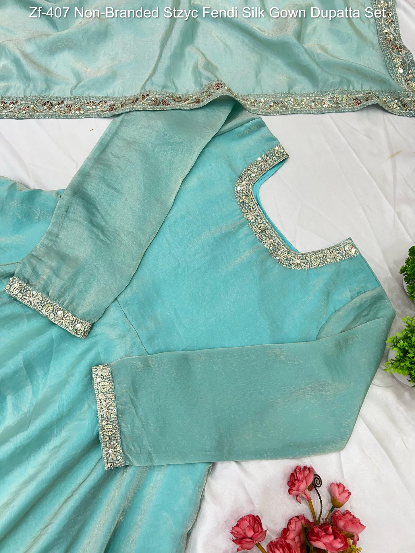 Zf-407 Non-Branded Stzyc Fendi Silk Gown Dupatta Set