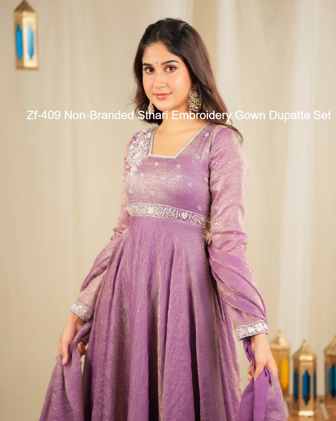 Zf-409 Non-Branded Sthari Embroidery Gown Dupatta Set