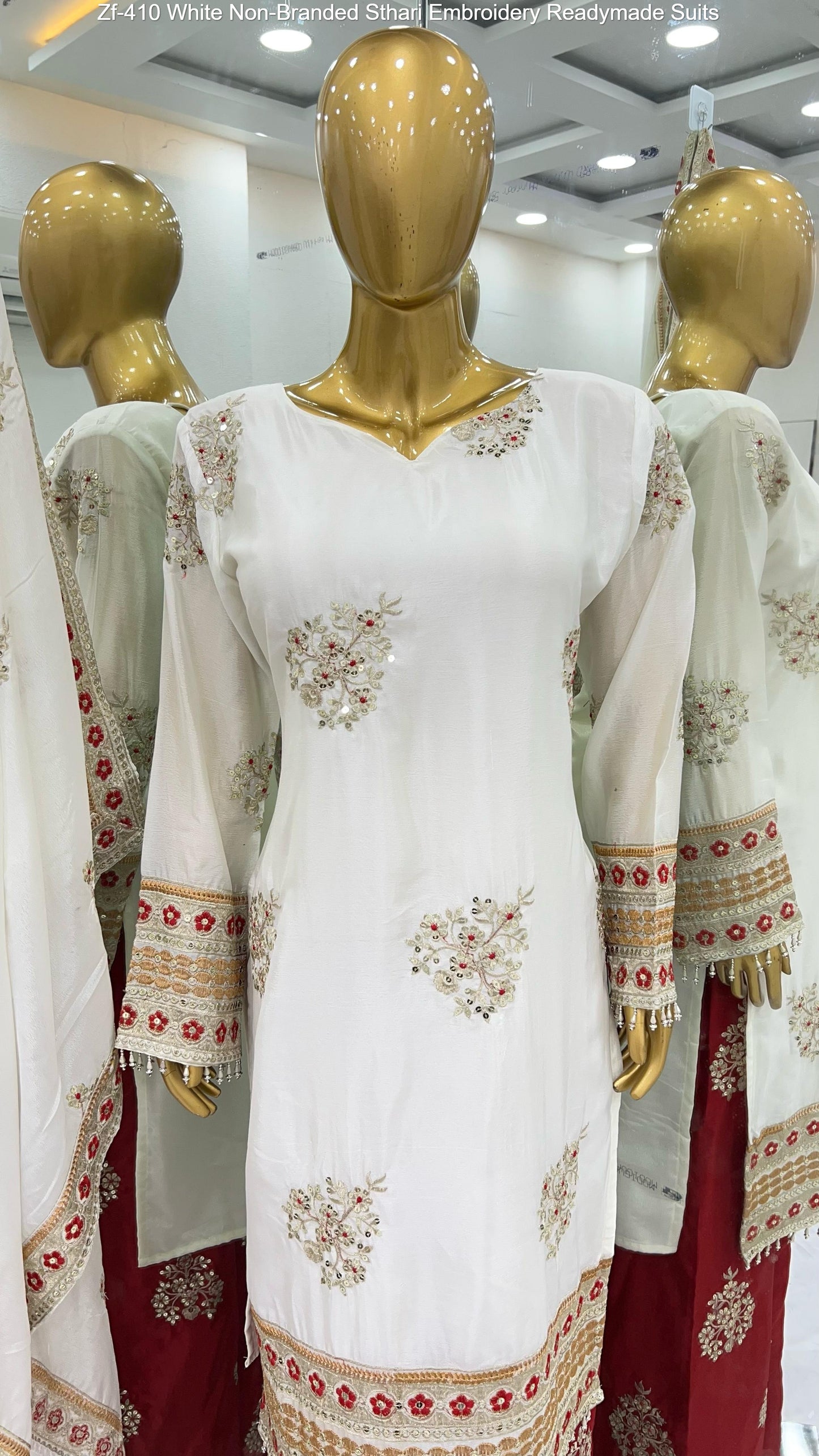 Zf-410 White Non-Branded Sthari Embroidery Readymade Suits