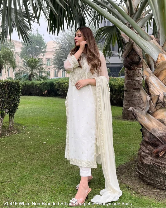 Zf-416 White Non-Branded Sthari Georgette Readymade Suits