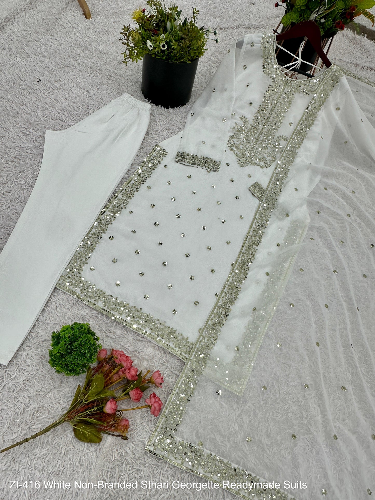 Zf-416 White Non-Branded Sthari Georgette Readymade Suits