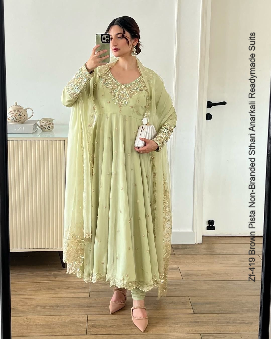 Zf-419 Brown Pista Non-Branded Sthari Anarkali Readymade Suits