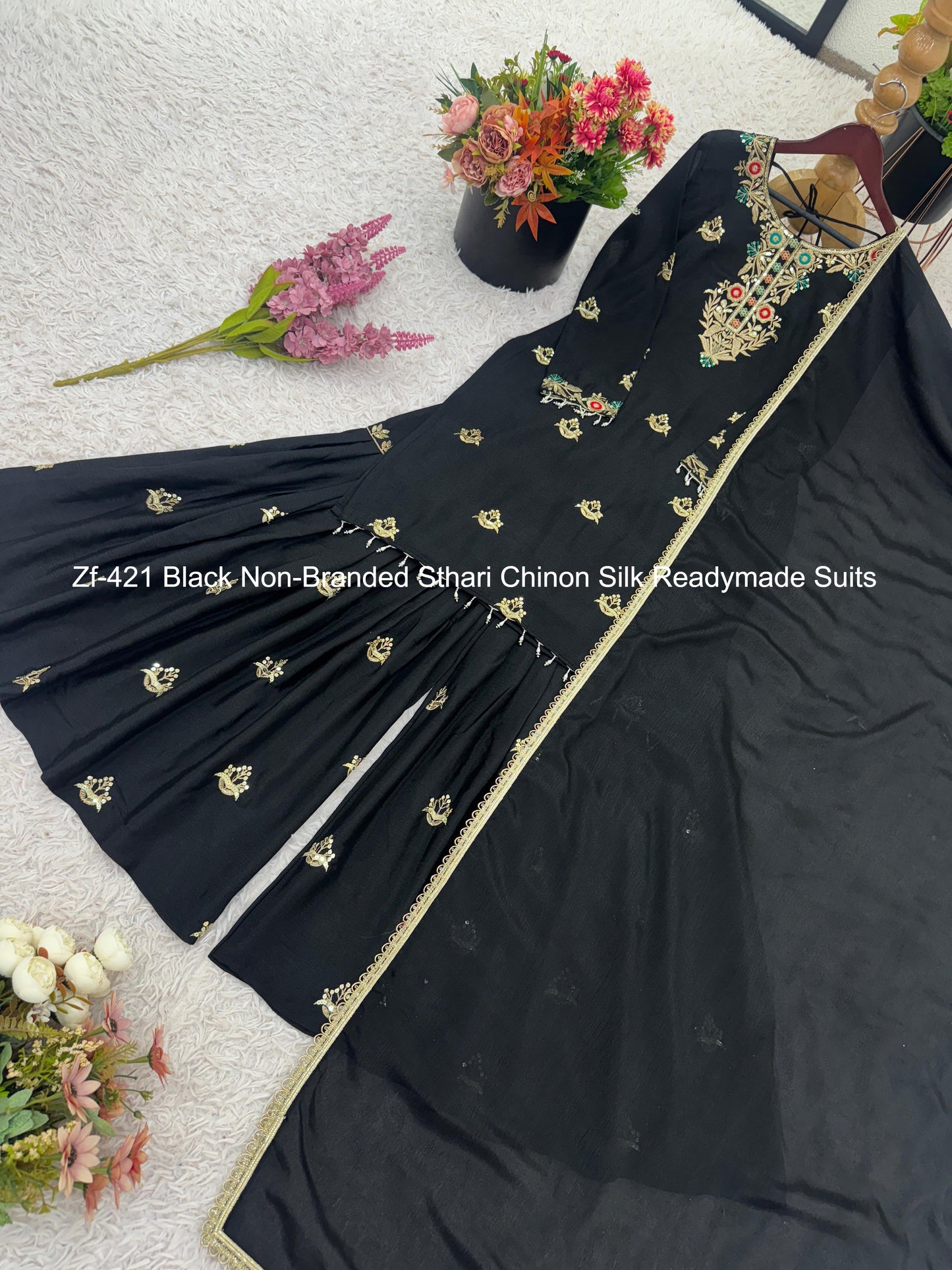 Zf-421 Black Non-Branded Sthari Chinon Silk Readymade Suits