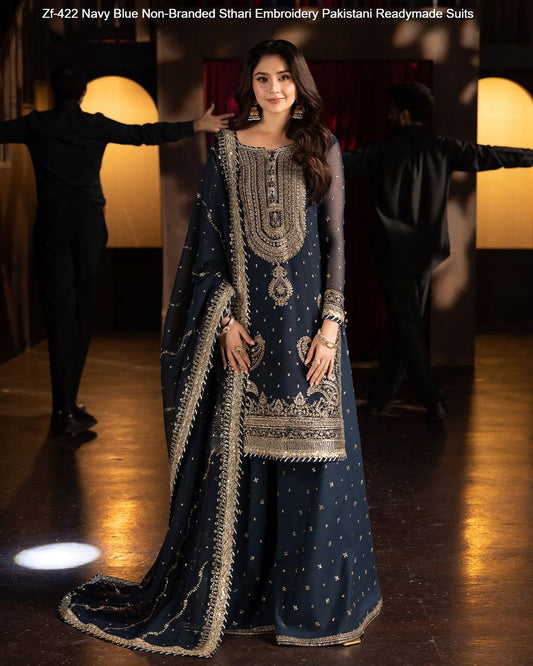 Zf-422 Navy Blue Non-Branded Sthari Embroidery Pakistani Readymade Suits