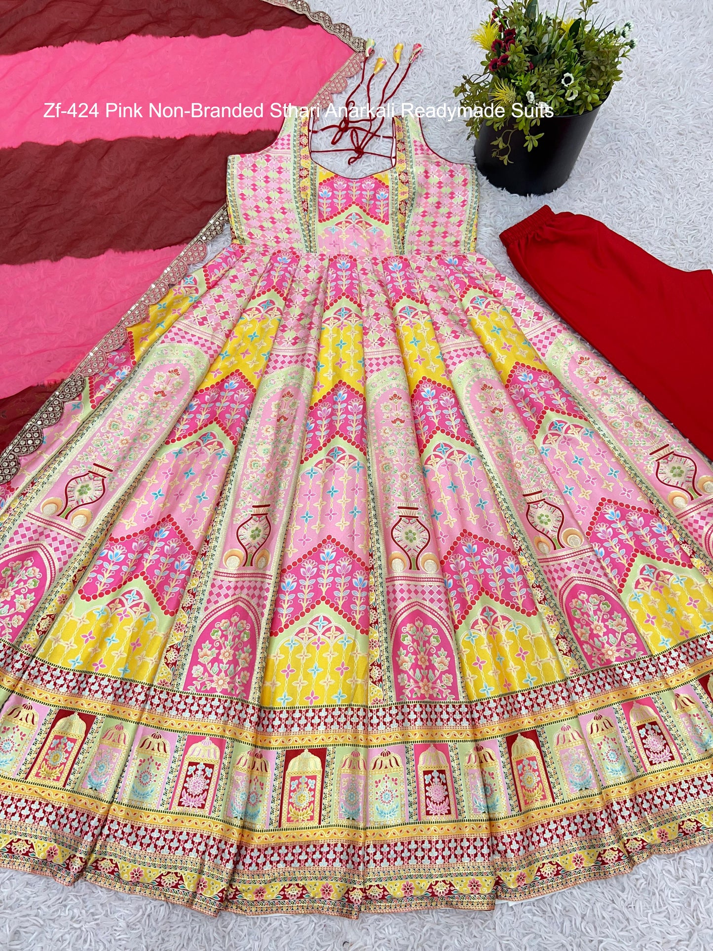 Zf-424 Pink Non-Branded Sthari Anarkali Readymade Suits