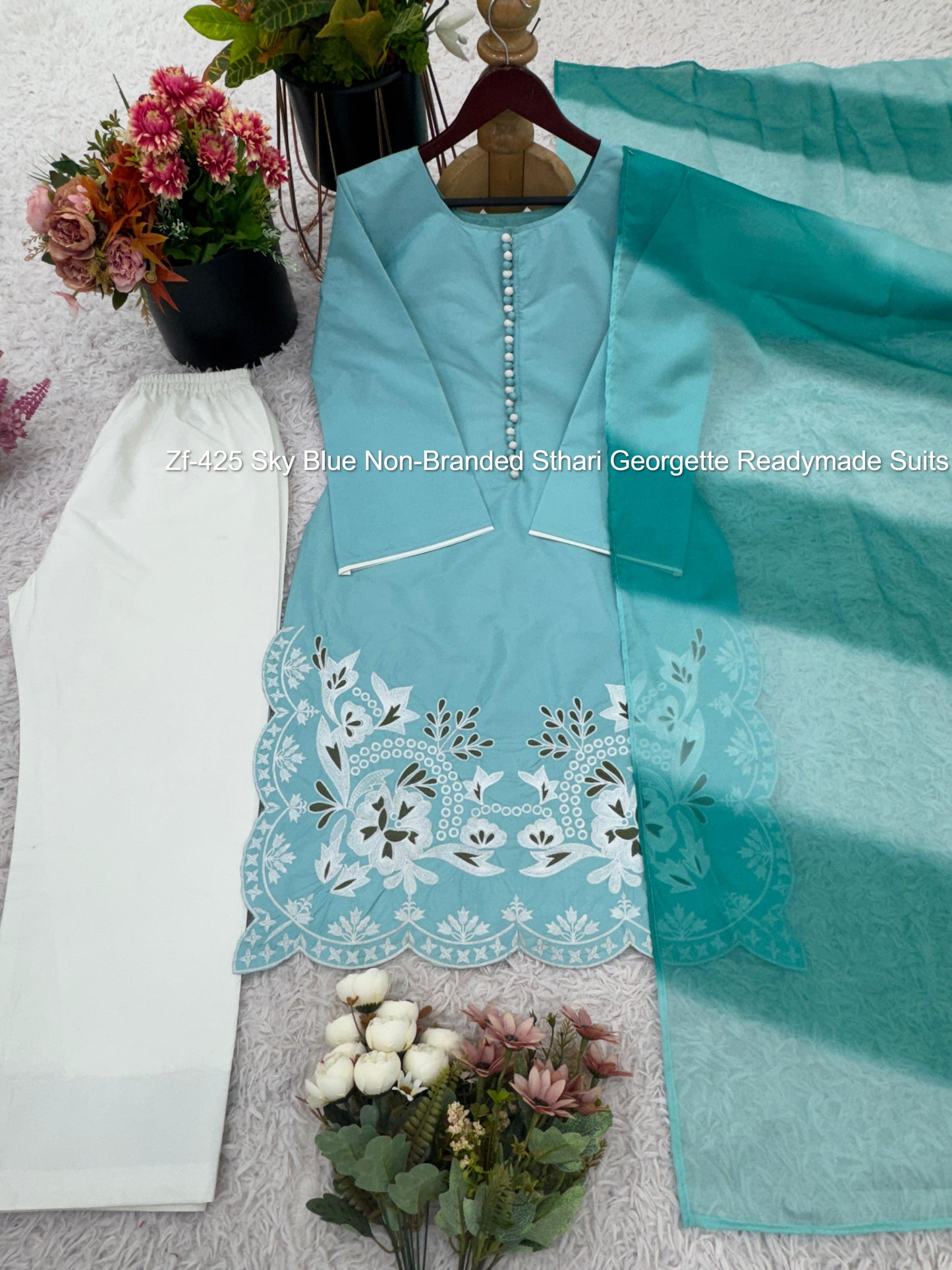 Zf-425 Sky Blue Non-Branded Sthari Georgette Readymade Suits