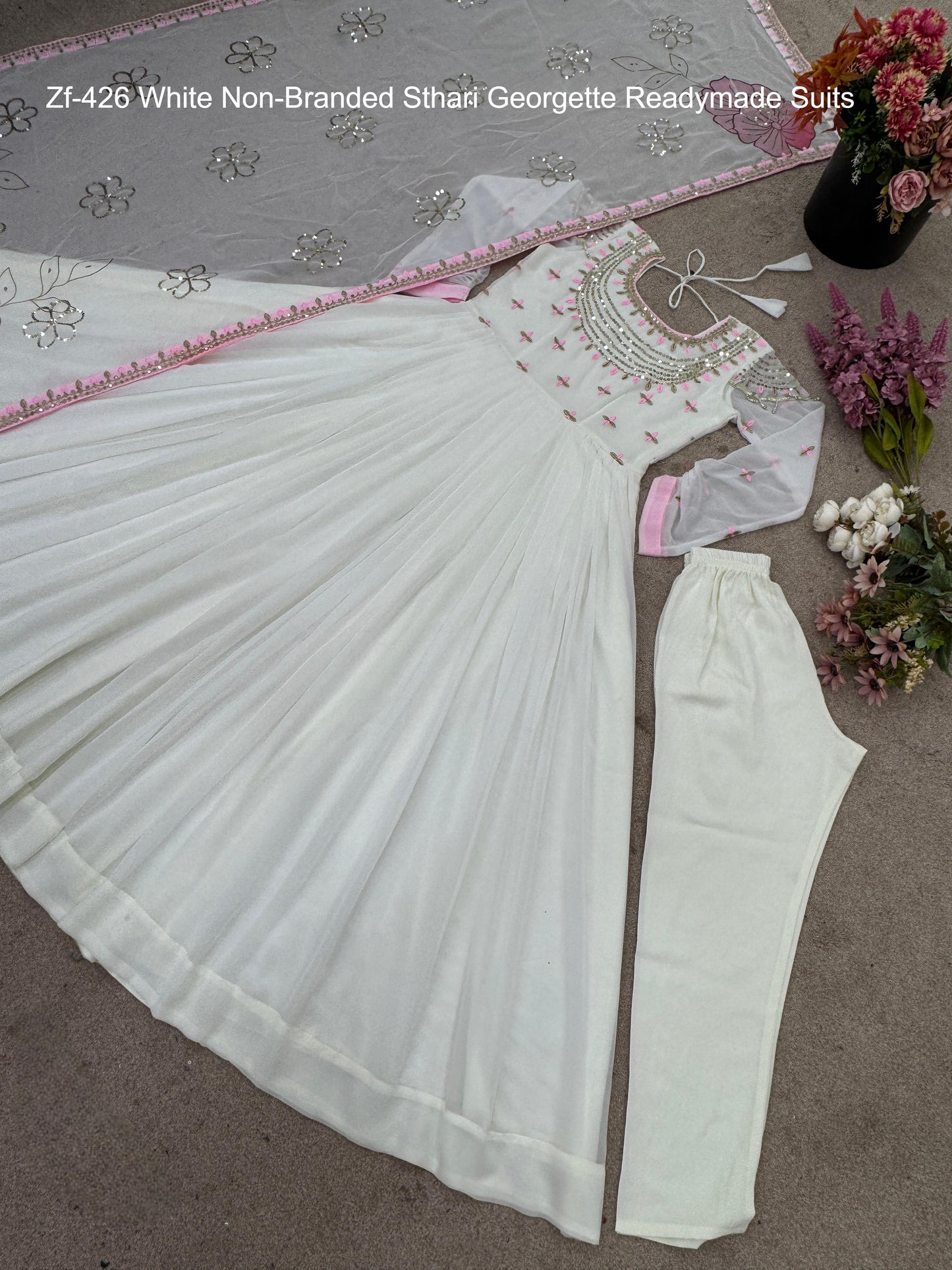 Zf-426 White Non-Branded Sthari Georgette Readymade Suits