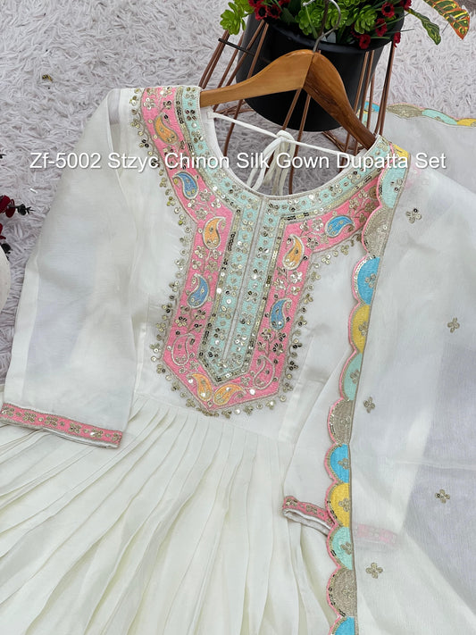 Zf-5002 Stzyc Chinon Silk Gown Dupatta Set