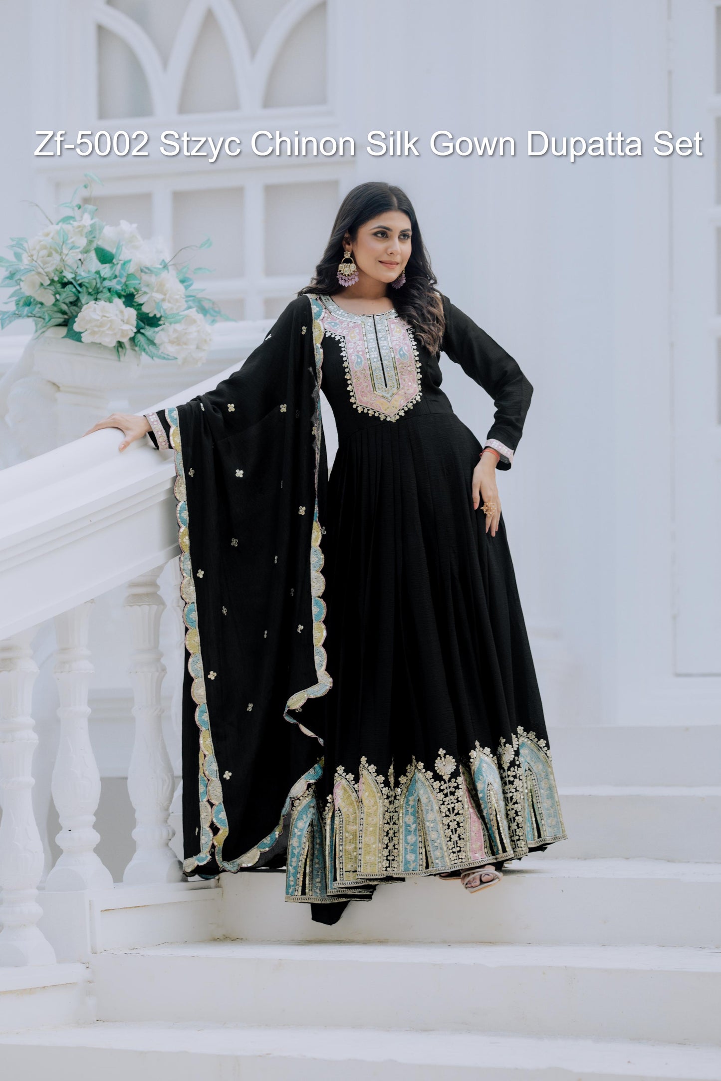 Zf-5002 Stzyc Chinon Silk Gown Dupatta Set