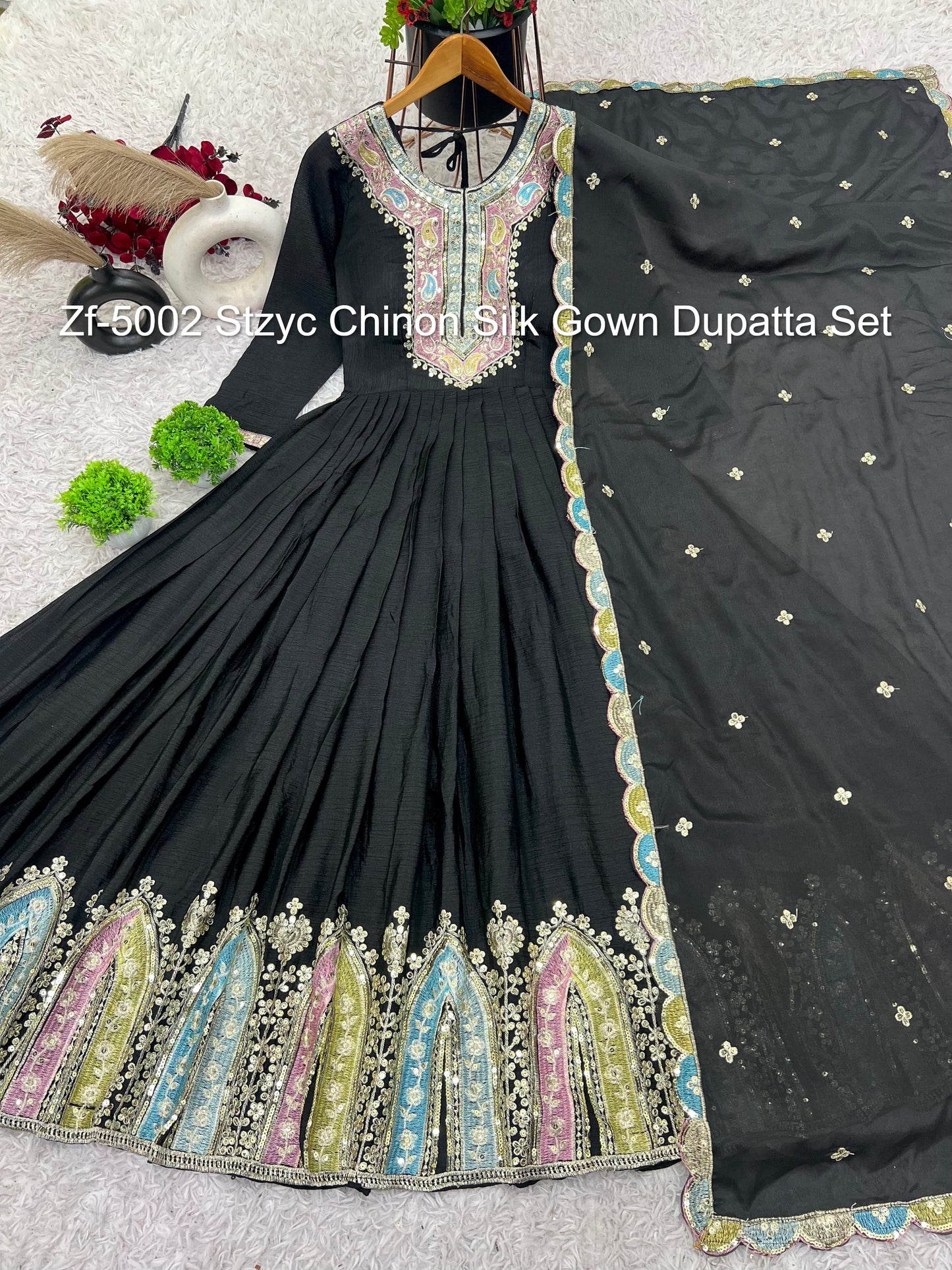 Zf-5002 Stzyc Chinon Silk Gown Dupatta Set