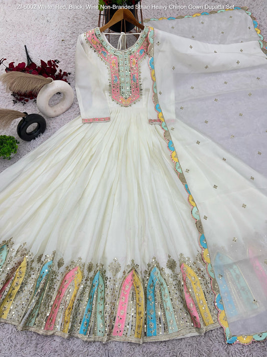 Zf-5002 White, Red, Black, Wine Non-Branded Sthari Heavy Chinon Gown Dupatta Set