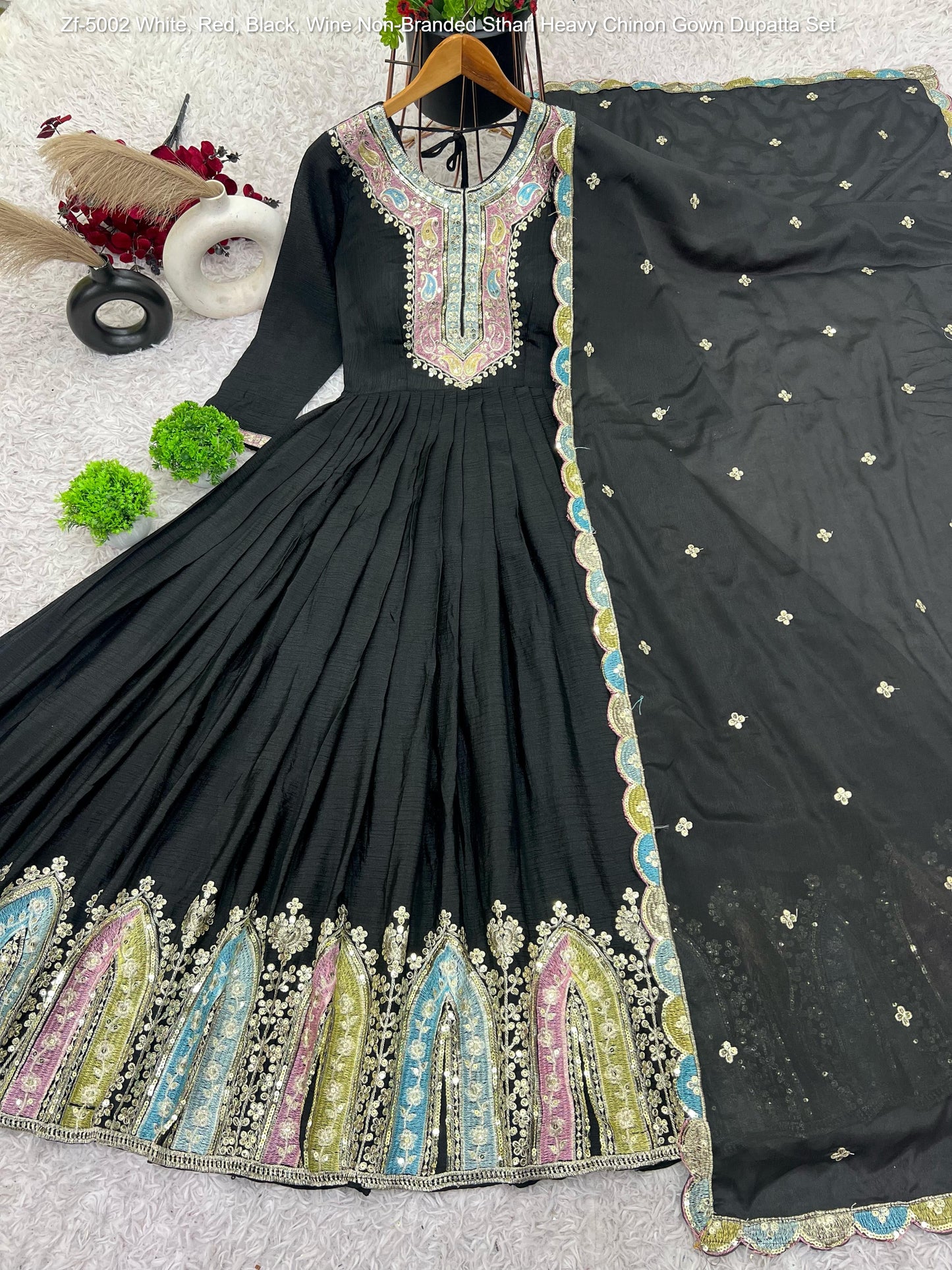 Zf-5002 White, Red, Black, Wine Non-Branded Sthari Heavy Chinon Gown Dupatta Set
