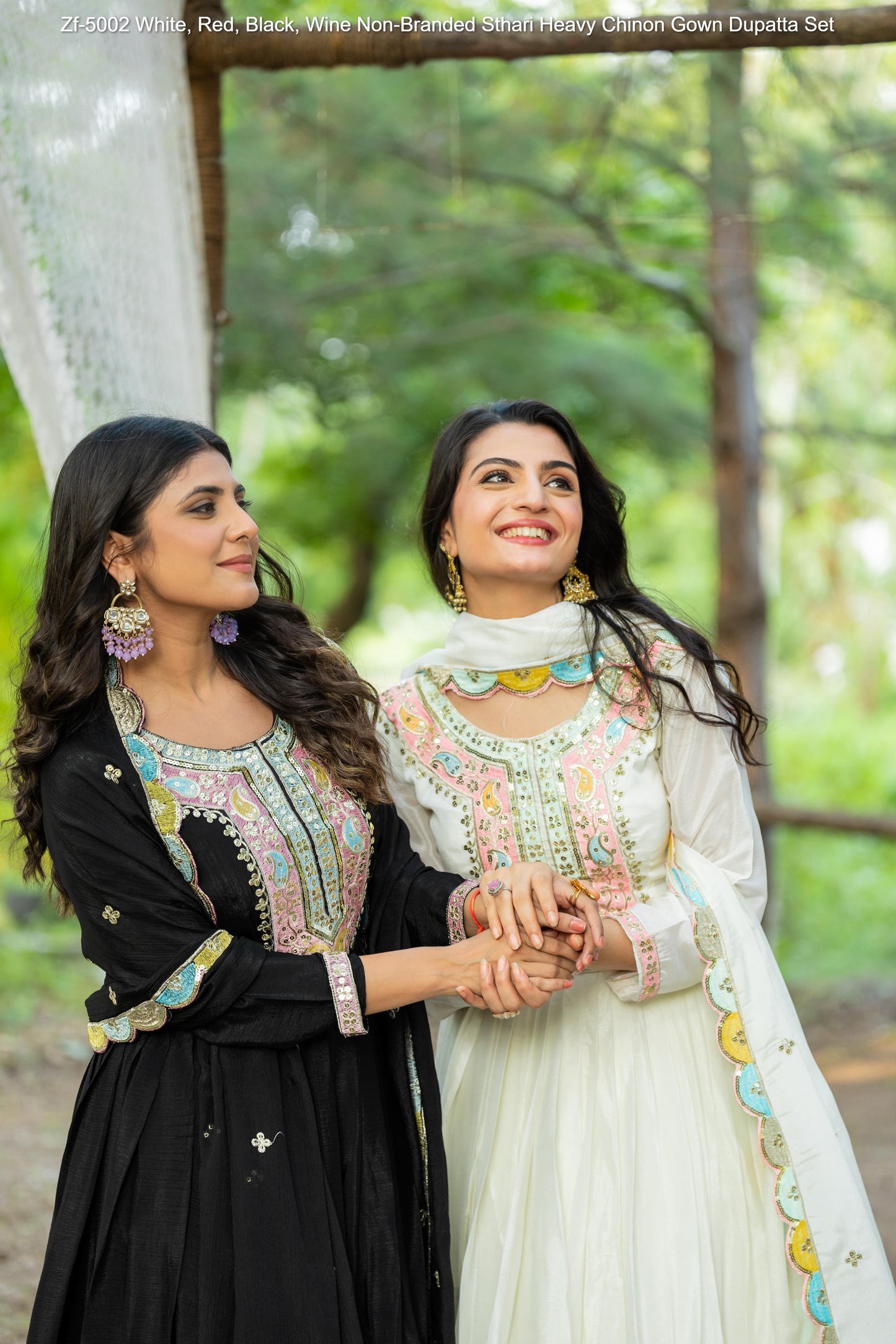 Zf-5002 White, Red, Black, Wine Non-Branded Sthari Heavy Chinon Gown Dupatta Set