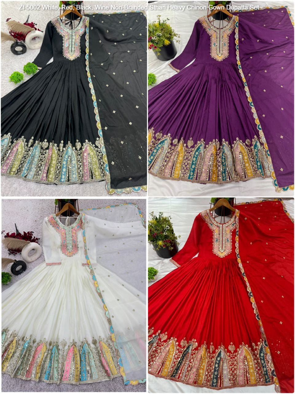 Zf-5002 White, Red, Black, Wine Non-Branded Sthari Heavy Chinon Gown Dupatta Set