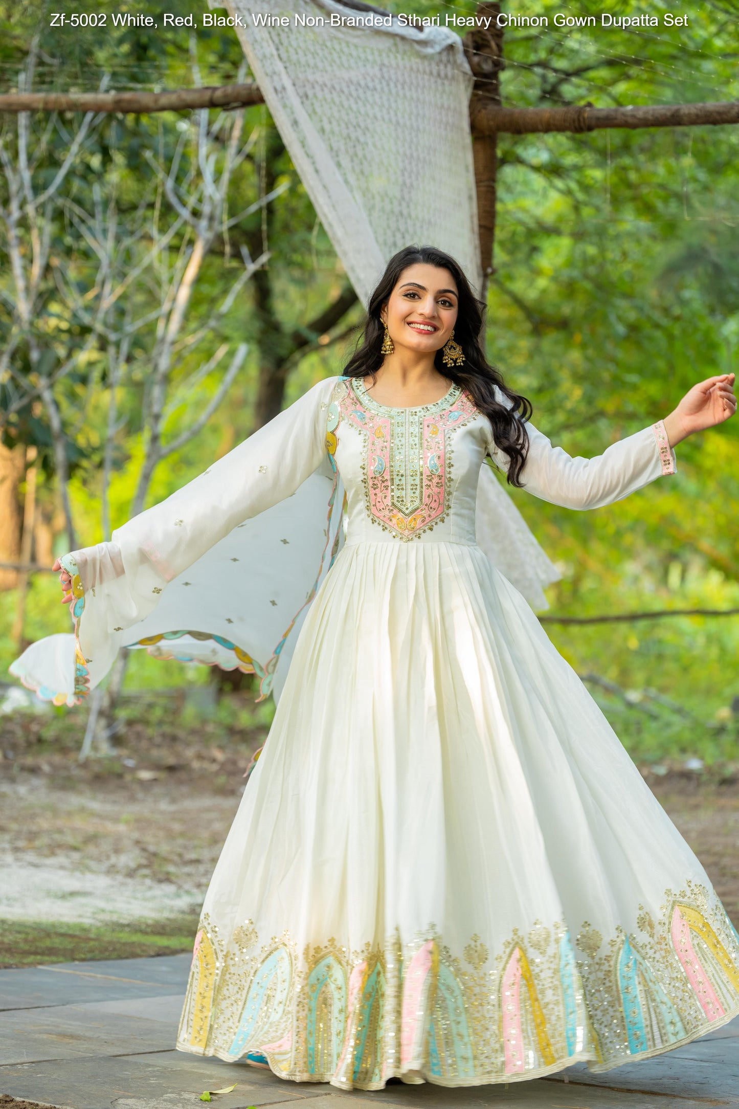 Zf-5002 White, Red, Black, Wine Non-Branded Sthari Heavy Chinon Gown Dupatta Set