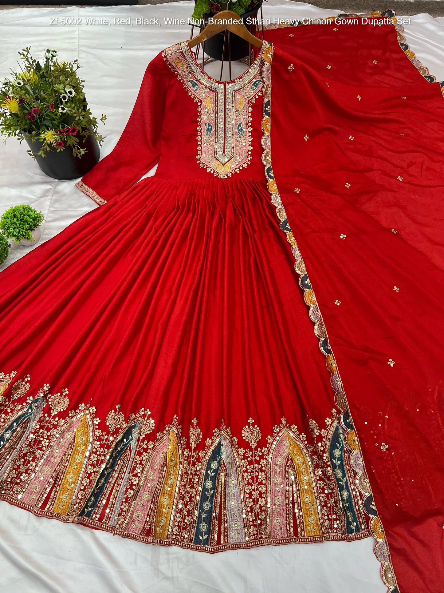 Zf-5002 White, Red, Black, Wine Non-Branded Sthari Heavy Chinon Gown Dupatta Set