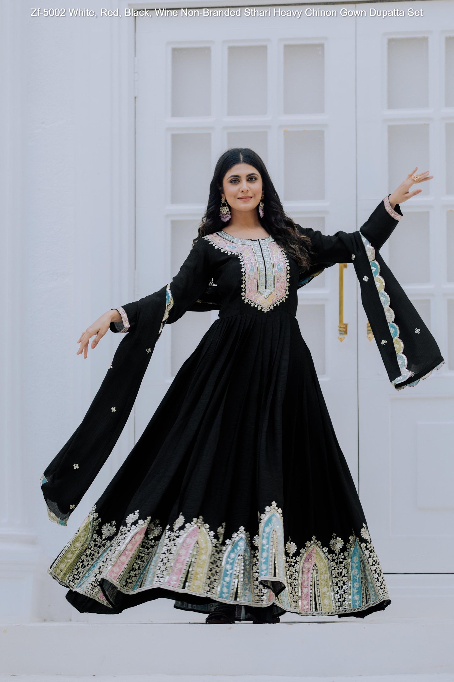 Zf-5002 White, Red, Black, Wine Non-Branded Sthari Heavy Chinon Gown Dupatta Set