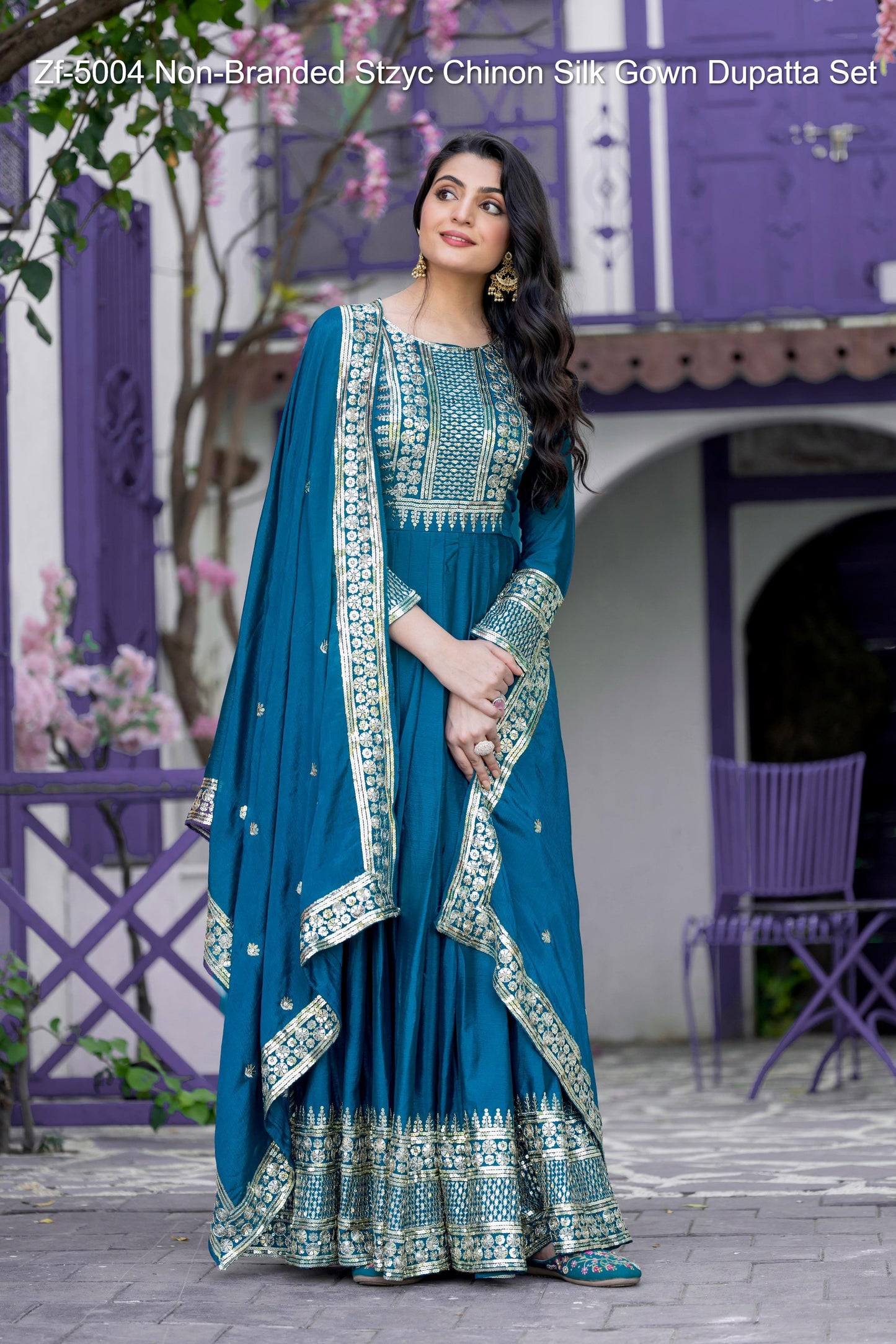 Zf-5004 Non-Branded Stzyc Chinon Silk Gown Dupatta Set