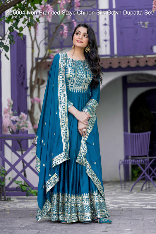 Zf-5004 Non-Branded Stzyc Chinon Silk Gown Dupatta Set